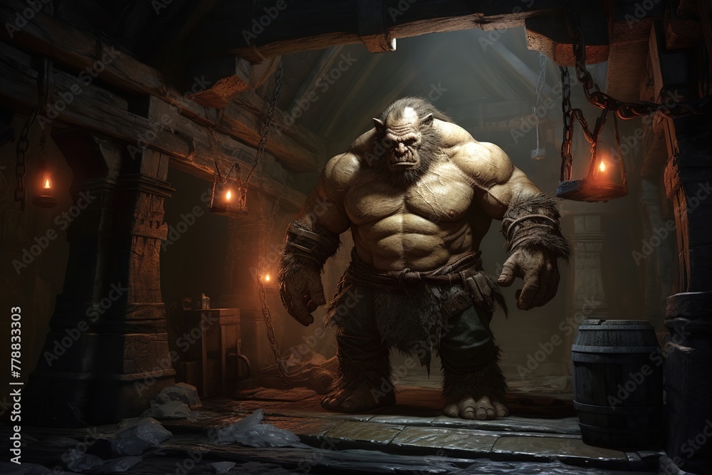 Huge ogre monster in armor in the city of monsters in a cave in the dungeon