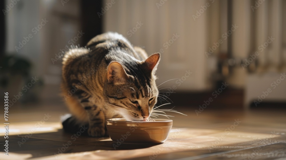 beautiful cat eating in a bowl