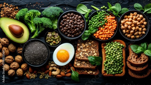 A table containing various foods alongside eggs, beans, broccoli, and avocado