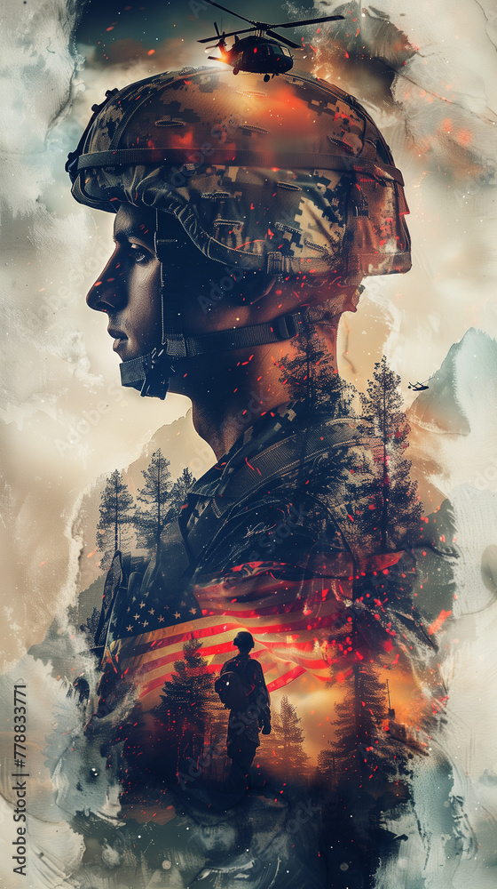  Soldier, American flag & helicopter. double exposure. War hero tribute. Copy space.