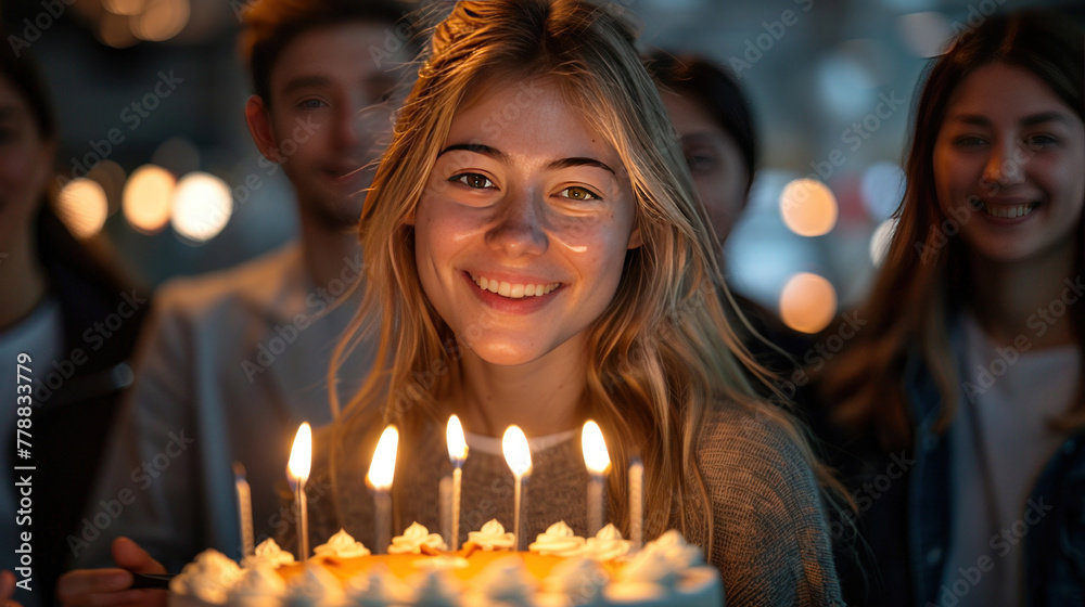 Colleagues gather to surprise the birthday person with a cake. Colleagues gather to surprise the birthday person with a cake.