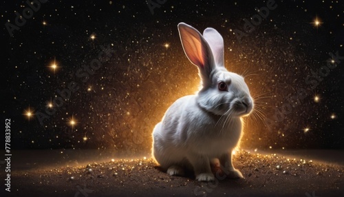A whimsical white rabbit with glowing pink inner ears is surrounded by golden stardust against a dark, star-filled backdrop