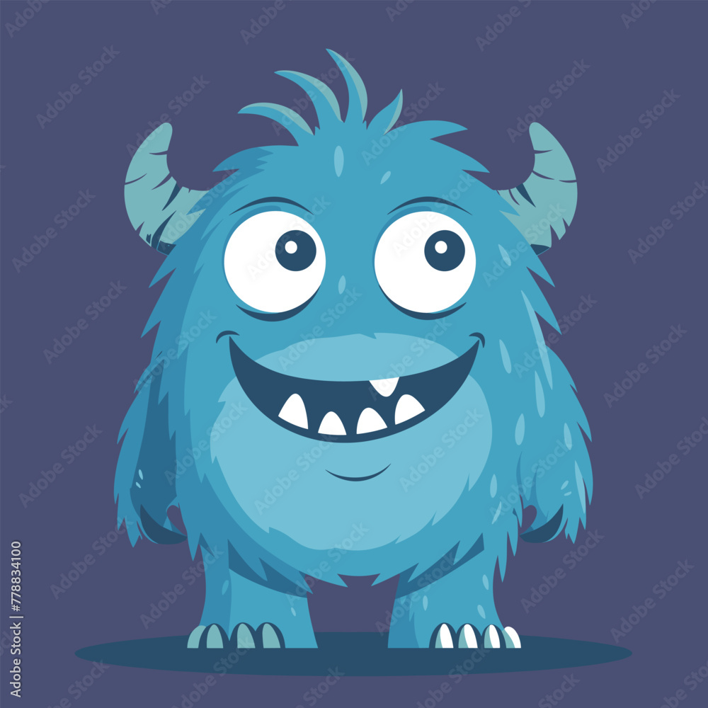 A cute blue monster with big eyes and horns.
