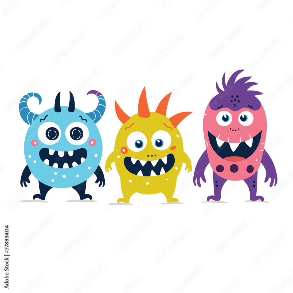 Three colorful, whimsical monsters smiling.

