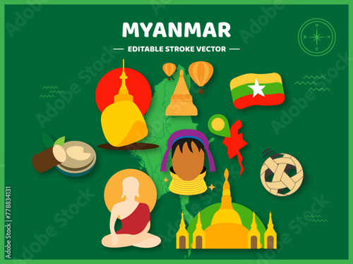 Myanmar Travel flat icons set. Myanmar elements icon map and landmarks symbols and objects and cuisine collection vector Illustration.