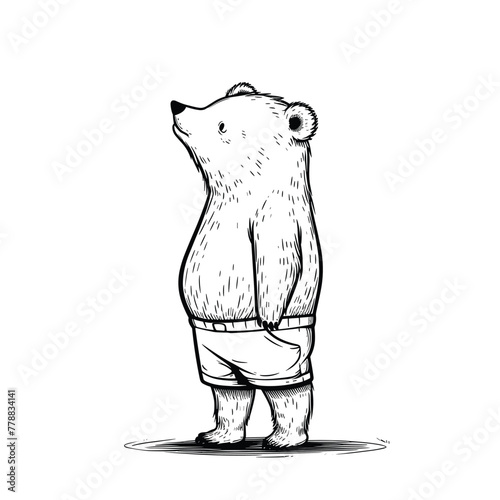 Monochrome drawing of a clothed bear.
