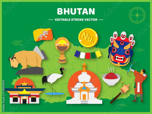 Bhutan Travel flat icons set. Bhutan elements icon map and landmarks symbols and objects and cuisine collection vector Illustration. photo