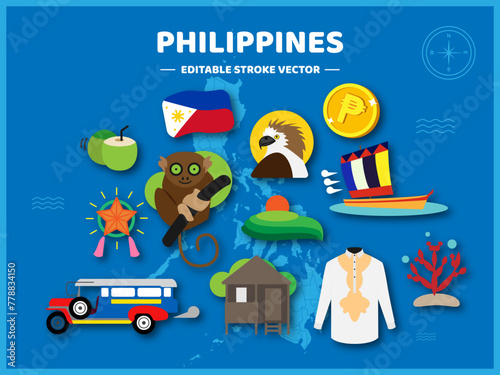 Philippines Travel flat icons set. Philippines elements icon map and landmarks symbols and objects and cuisine collection vector Illustration. photo