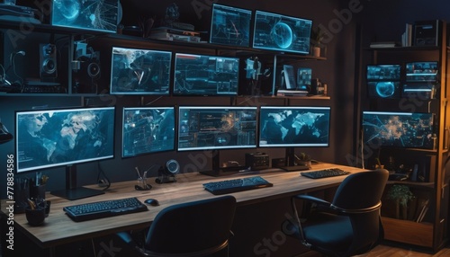 A dark, high-tech room filled with multiple monitors displaying various global maps and data, suggesting advanced surveillance capabilities