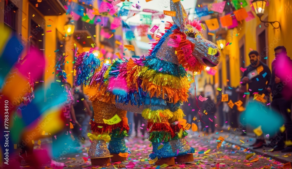 Colorful funny donkey pinata hanging against blurry background with falling confetti.