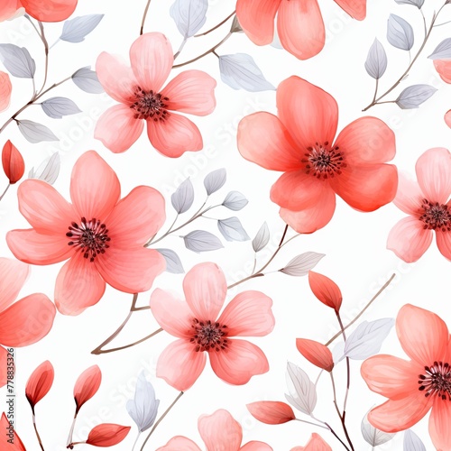 Coral flower petals and leaves on white background seamless watercolor pattern spring floral backdrop 
