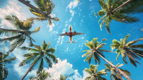 Blue sky with coconut trees, The airplane is going to the tropical sea beach. © SULAIMAN
