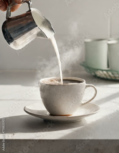 A stream of milk being poured into a steaming cup of coffee on a kitchen counter bathed in the soft light of sunrise  with the coffee s aroma visibly rising