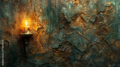  A lit candle perched atop a metallic pole in front of a green wall with peeling paint