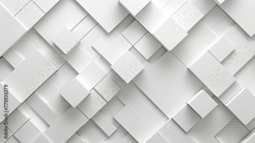 Abstract background with a 3D geometric pattern of overlapping white squares and rectangles creating a sense of depth and modern design. photo