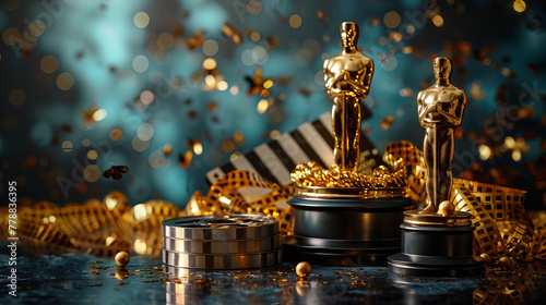 A collection of golden cinematic icons on a dark background, capturing the essence of a glamorous film award ceremony