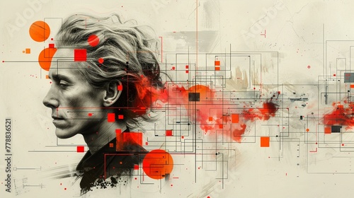 Abstract Red and Black Profile Portrait with Geometric Elements photo