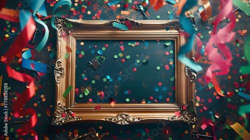 A photo of an empty antiqued gold picture frame surrounded by confetti and streamers in rich colors like deep red photo