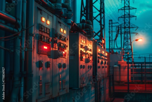 Vibrant substation with transformers and distribution panels illuminated by bright lamps