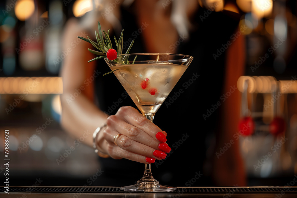 A woman is holding a martini glass with a garnish of rosemary. Concept of elegance, as the woman is dressed in a black dress and is holding the glass with a delicate touch hand with red nails