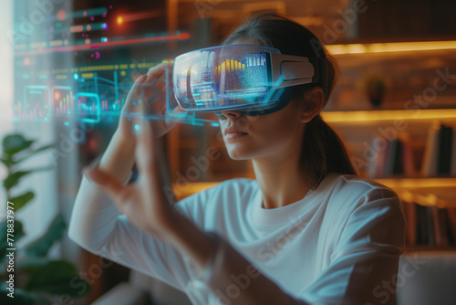 A woman interacts with a spatial data interface using her VR headset at home, analyzing digital graphs and charts. Spatial computer and augmented reality concept 