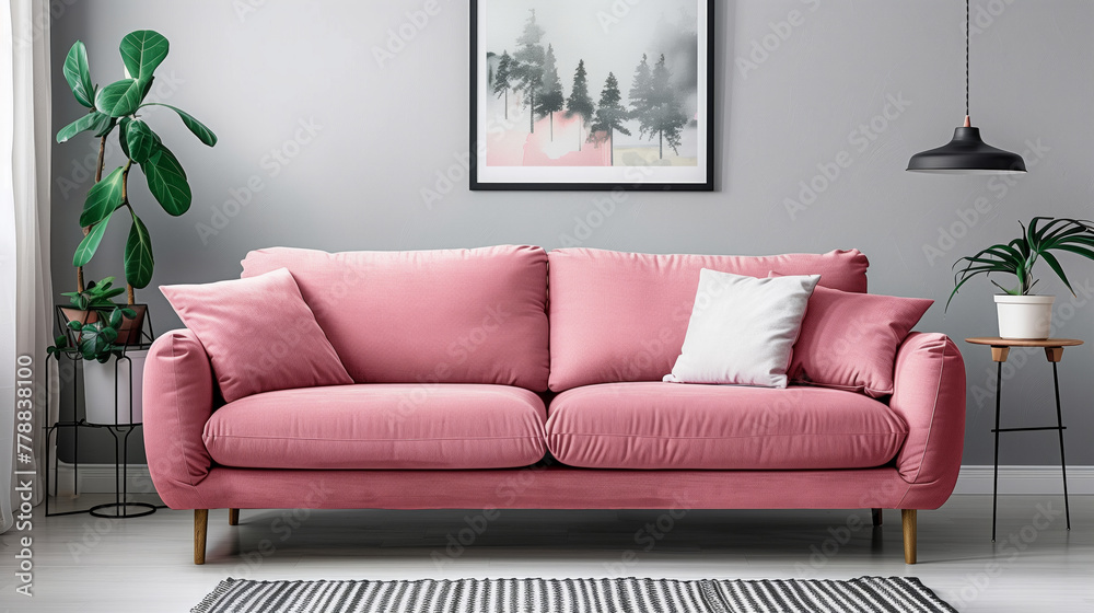 A large pink couch sits in a living room with a black lamp and a potted plant. The room has a modern and stylish feel, with a white pillow on the couch and a black and white picture on the wall. A large pink couch sits in a living room with a black lamp and a potted plant. The room has a modern and stylish feel, with a white pillow on the couch and a black and white picture on the wall.