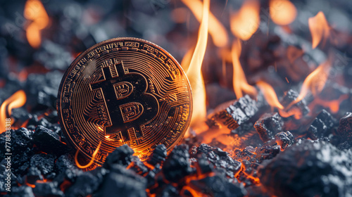 Bitcoin cryptocurrency coin with burning fire background. Cryptocurrency concept.
