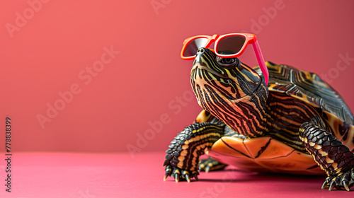 A turtle wearing sunglasses and standing on a red background. The turtle is wearing a pair of sunglasses, he is enjoying the sun. Fashionable turtle in sunglasses on studio background, with copy space