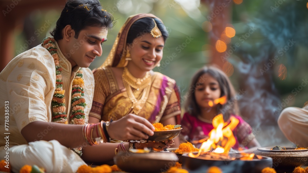indian family in temple celebrating gudi padwa, ugadi