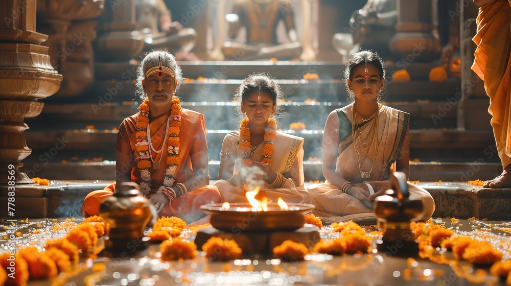 indian family in temple celebrating gudi padwa, ugadi indian family in temple celebrating gudi padwa, ugadi