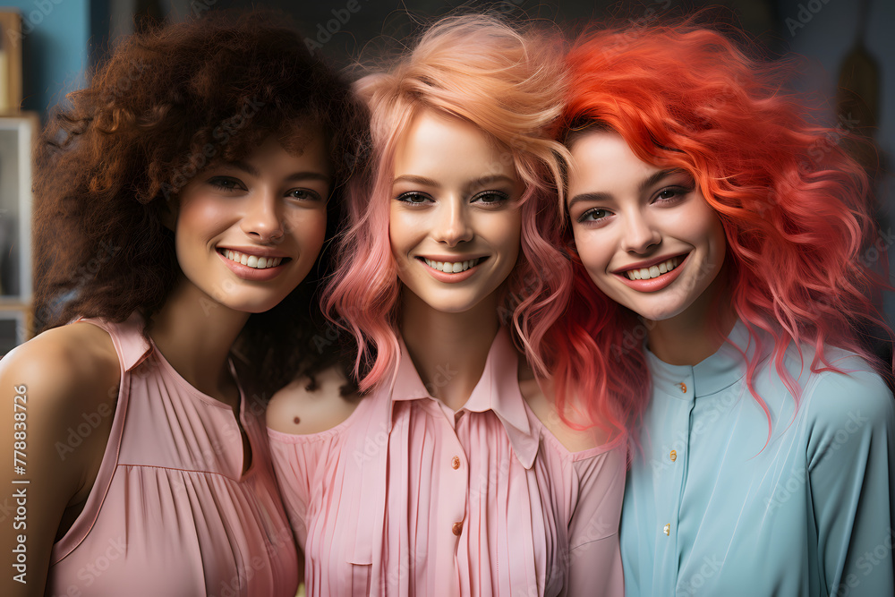 Three Joyful Teenage Girls Pointing to Blank Space, Vibrant Blue Background.