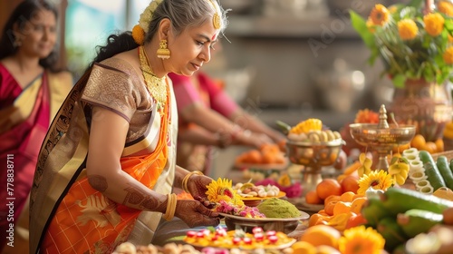 indian family in temple celebrating gudi padwa, ugadi