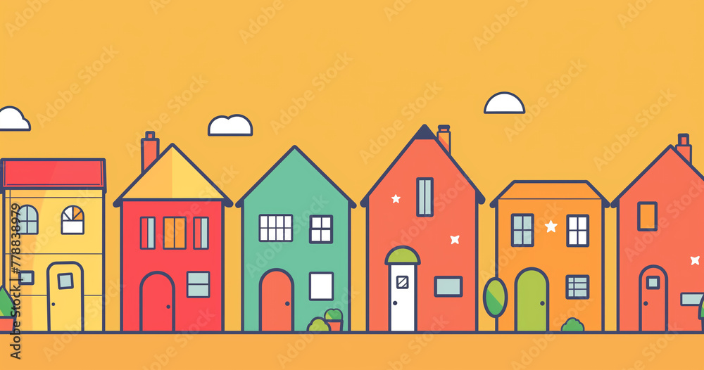 A playful, colorful illustration of a row of houses with distinctive features against a vibrant orange background with floating clouds A playful, colorful illustration of a row of houses with distinctive features against a vibrant orange background with floating clouds