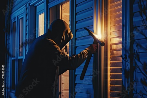 A man is breaking into a house with a hammer. The image has a dark and ominous mood, as the man is using a tool to break into someone's home
