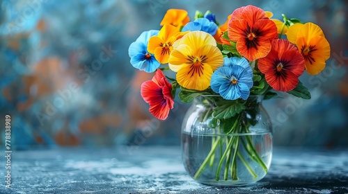  A glass vase filled with vibrant flowers atop a wooden table against a blue-gray backdrop