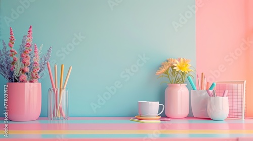 Pastel Toned Stationery and Decor Elements Arranged on a Minimalist Desk for a Bright and Stylish Workspace