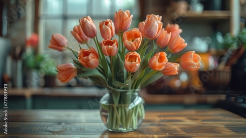   An orange tulip-filled vase rests on a wooden table alongside a potted plant © Anna