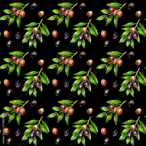 葉っぱ付きのオリーブのパターン　手描き水彩イラストの果物柄