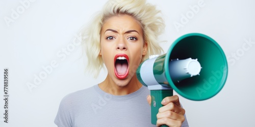 A young girl screams loudly into a bullhorn, standing against the background of a white wall. Generative AI.