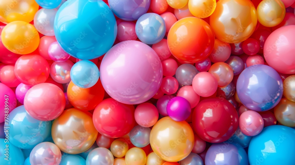 A group of diverse balloons, ranging from blue to pink, yellow, orange, and pink, are neatly stacked A group of diverse balloons, ranging from blue to pink, yellow, orange, and pink, are neatly stacked