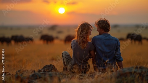 couple on wildlife sitting safari in the afternoon looking at the sunset
