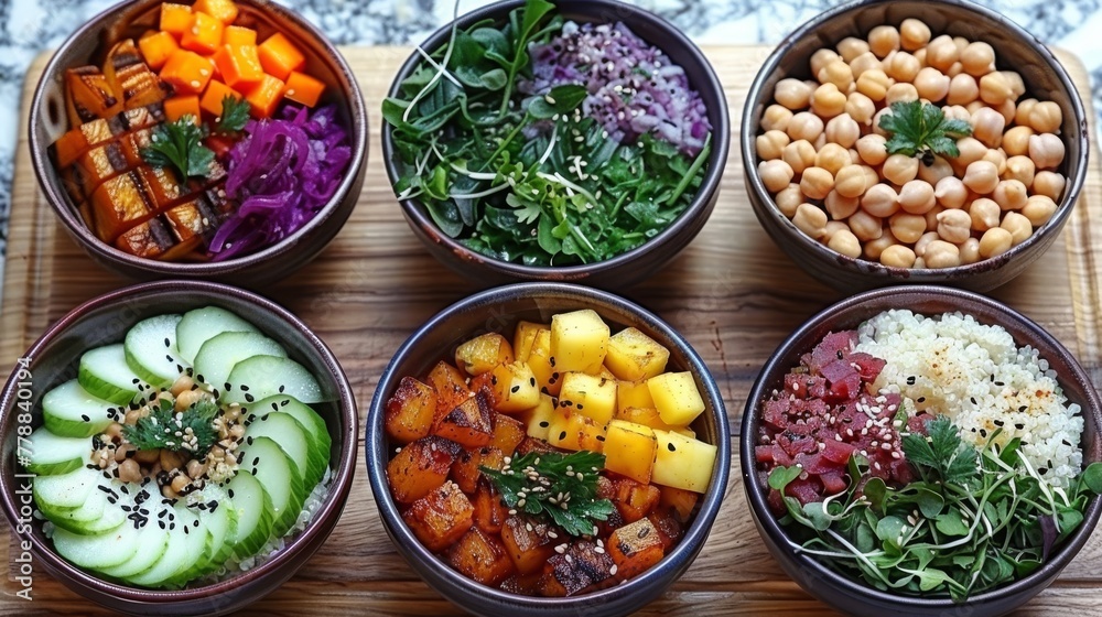   A wooden platter with four bowls containing various salads and veggies arranged on top