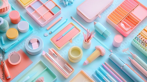 Colorful Cosmetic Arrangement on Pastel Background Showcasing Makeup and Beauty Essentials for Self Care Rituals