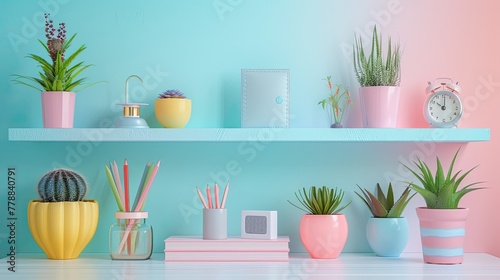 Cozy Pastel Toned Minimalist Styled Shelves with Assorted House Plants and Office Supplies photo