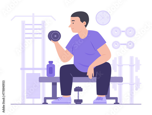 Chubby Man Exercise with Dumbbell for Weight Training in Fitness Gym Room