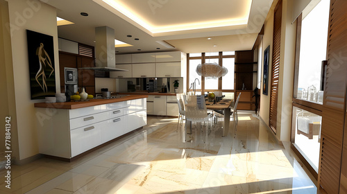 Elegant kitchen with modern minimalist interior design, dining table, and chairs