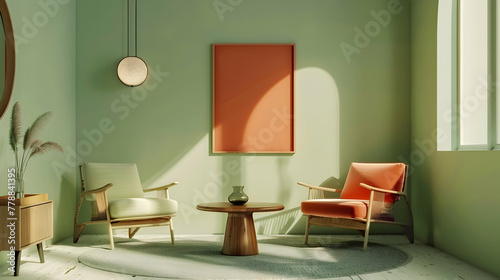 Encircling a light green wall with an art frame poster is an elliptical table and two chairs next to a mint sofa. Modern living room interior design in a mid-century Scandinavian home