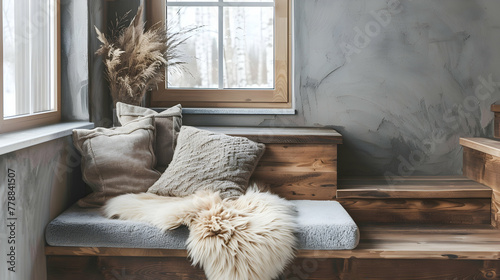 Fur blanket and pillows on a wooden bench next to a window against a grey wall. wooden stairway. Nordic farmhouse interior design of a contemporary entrance