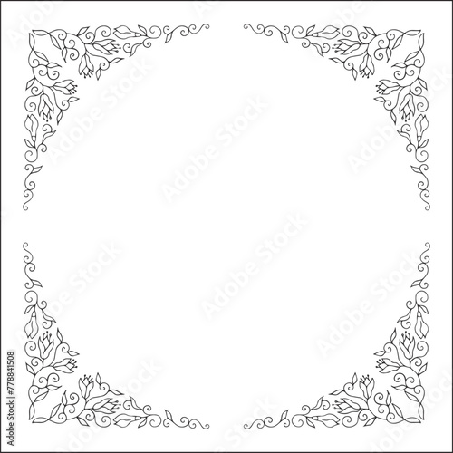 Elegant black and white vegetal ornamental frame, decorative border, corners for greeting cards, banners, business cards, invitations, menus. Isolated vector illustration. 