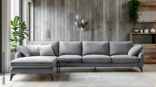Grey corner sofa next to wall with stone cladding. Modern living room interior design in a mid-century home